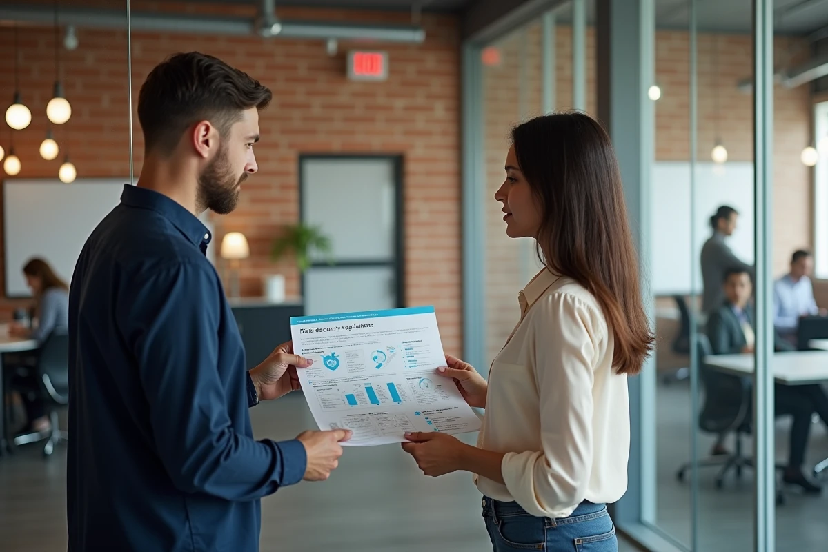 Deux collègues en espace de coworking discutant d'une infographie sur la sécurité des données et la réglementation liée aux vidcaps, dans un cadre professionnel moderne