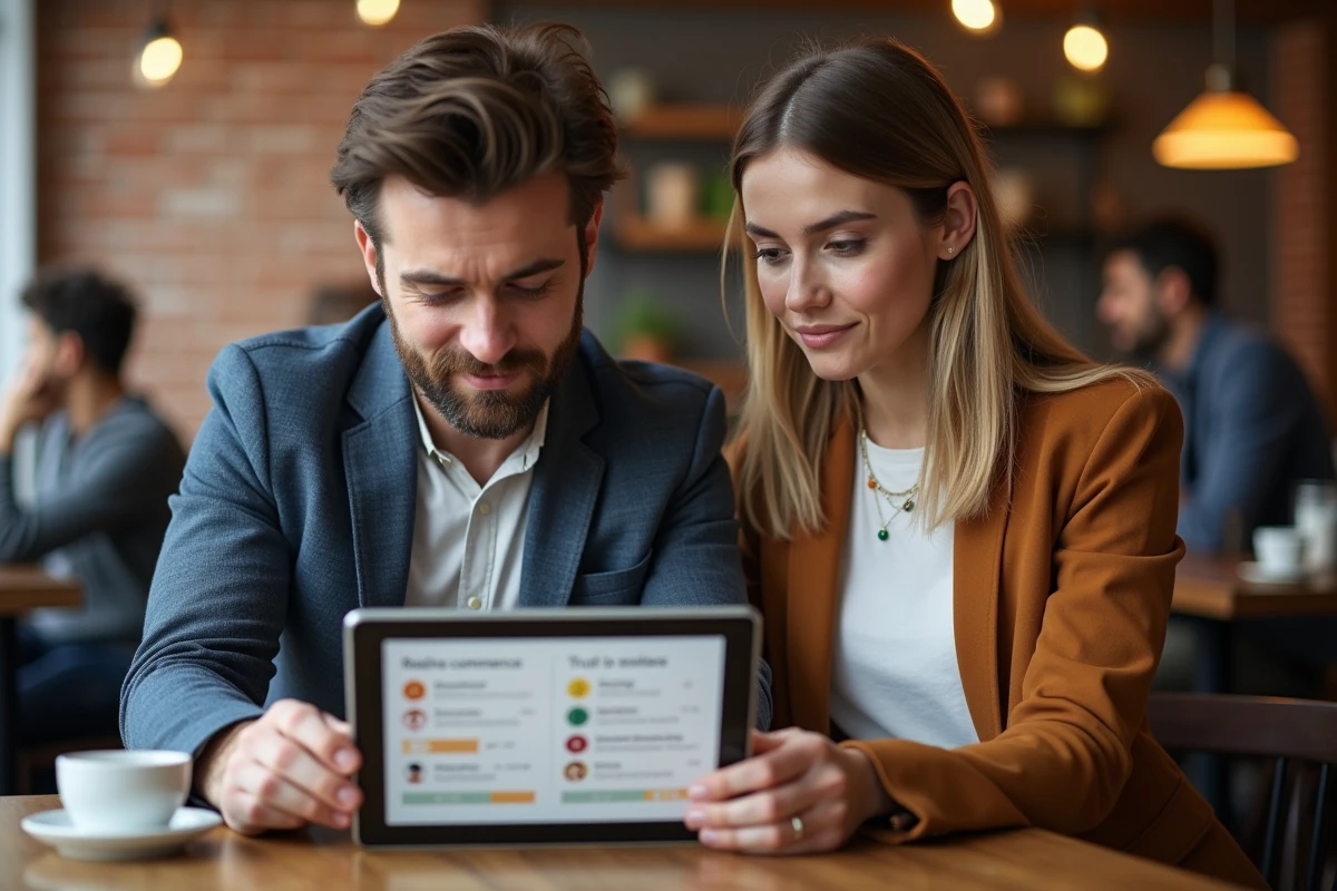 Deux collègues comparant des plateformes d'achat en ligne alternatives dans un café, analyse des options sécurisées