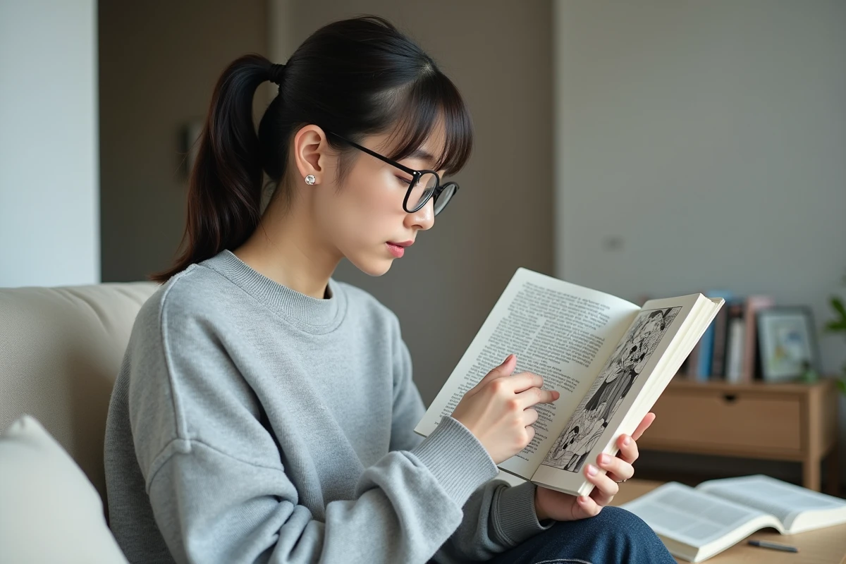 Femme comparant un volume de manga physique avec une version scannée affichée sur une tablette numérique