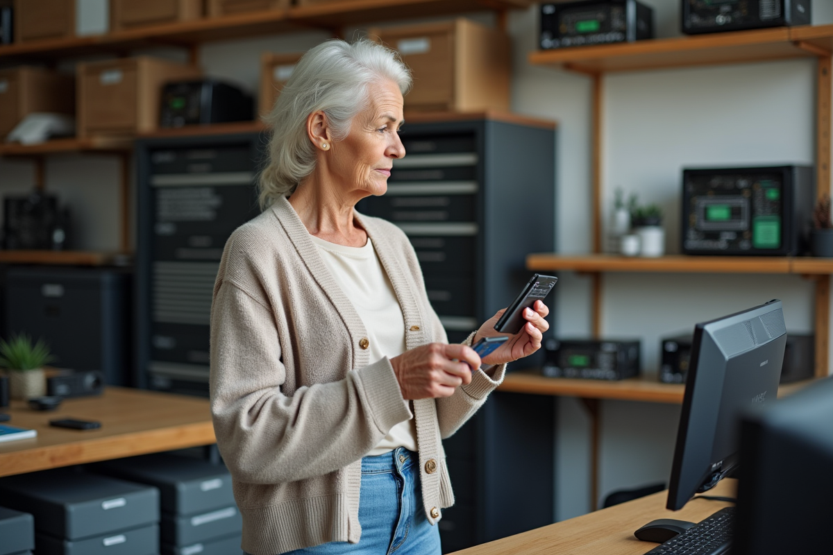 Femme comparant deux SSD dans un atelier électronique lumineux