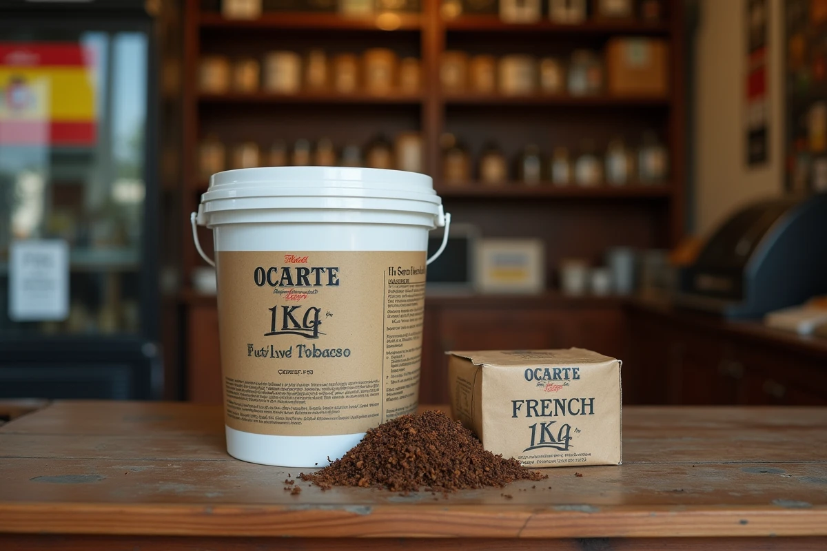 Comparaison entre un seau de tabac 1kg espagnol et un paquet de tabac à rouler français sur un comptoir de bureau de tabac