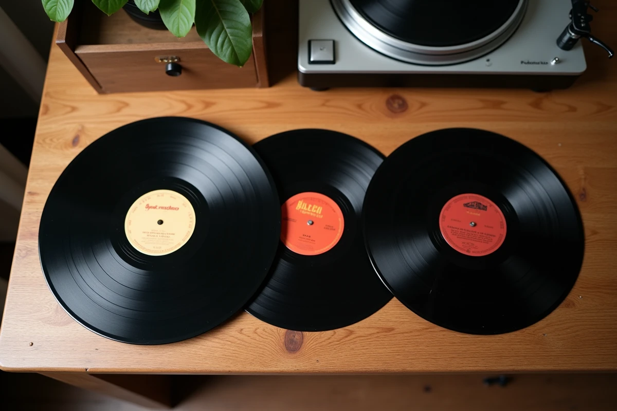 Comparaison des trois tailles de vinyles 33, 45 et 78 tours posés sur une table en bois devant une platine
