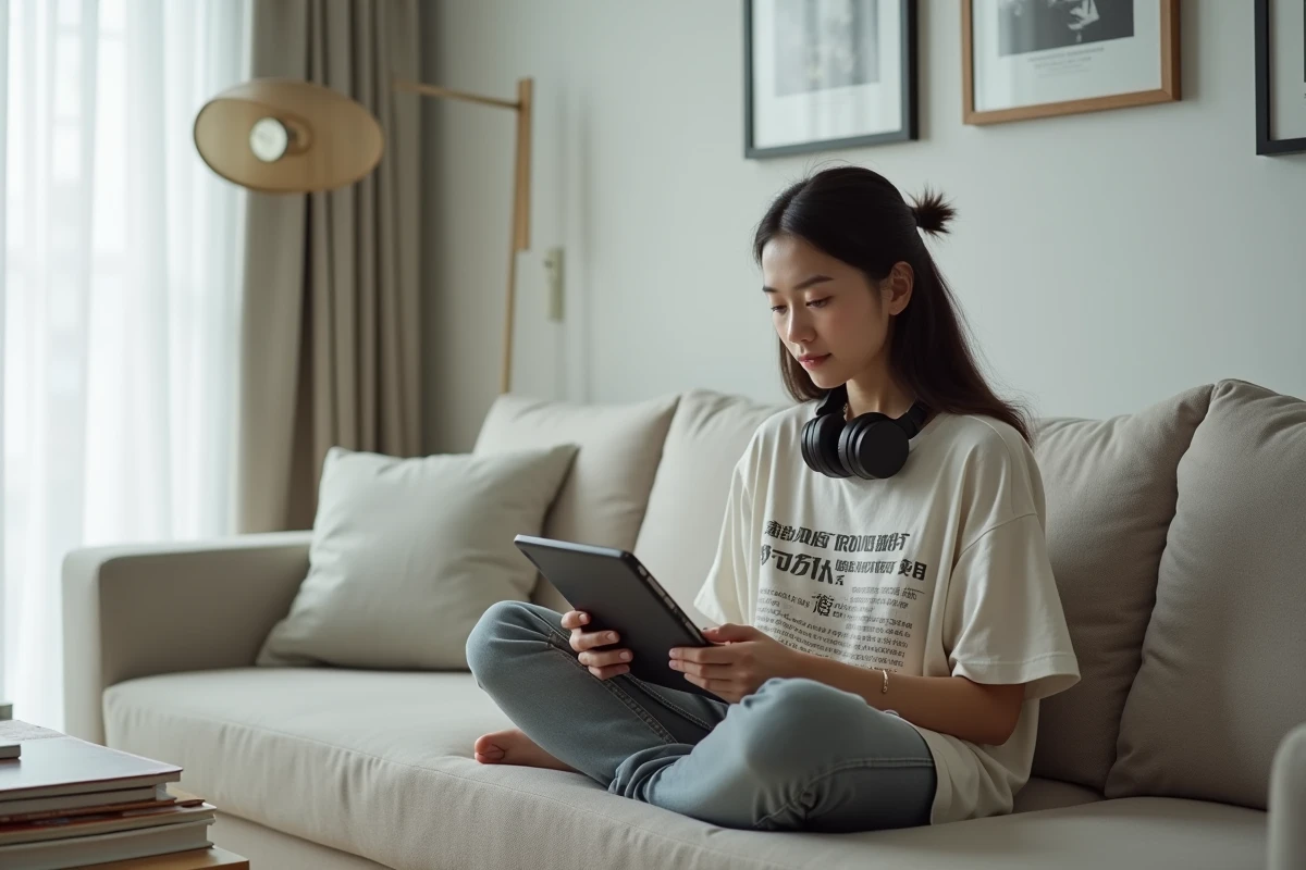 Jeune femme comparant des sites de lecture de mangas sur une tablette numérique dans un salon moderne et minimaliste