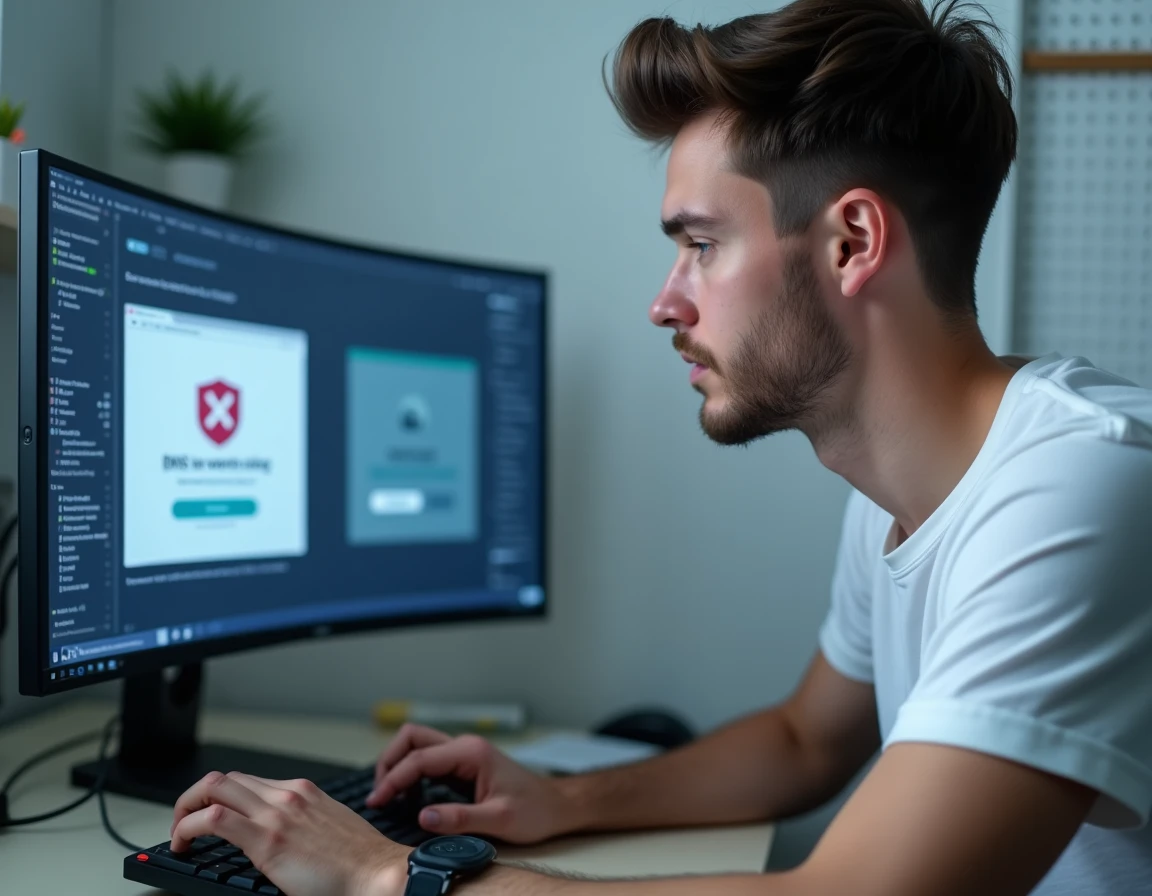 Jeune homme configurant les paramètres DNS pour accéder à un site internet bloqué depuis son bureau