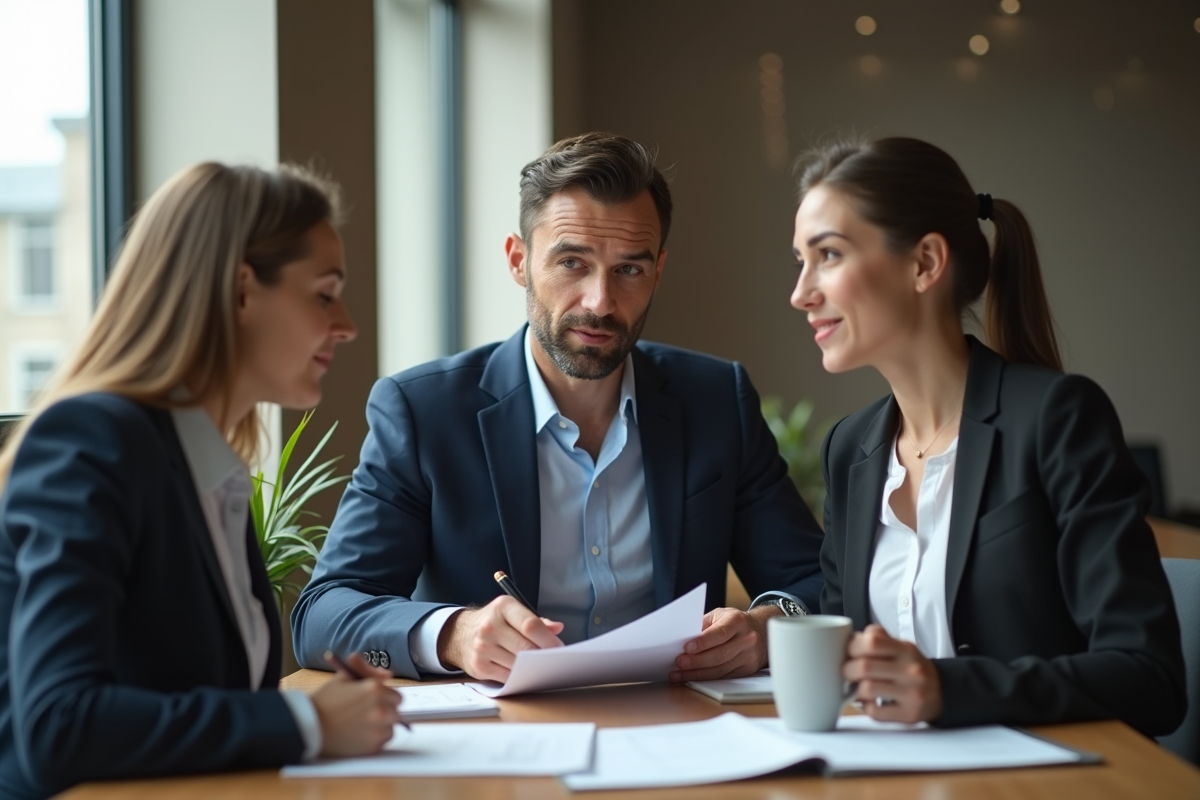 Conseiller financier expliquant les taux hypothécaires à une jeune femme dans un bureau lumineux
