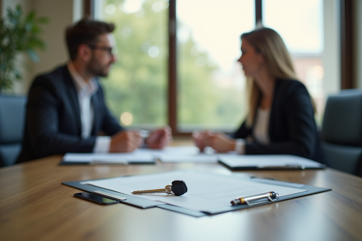 Professionnel immobilier discutant avec un client dans un bureau lumineux