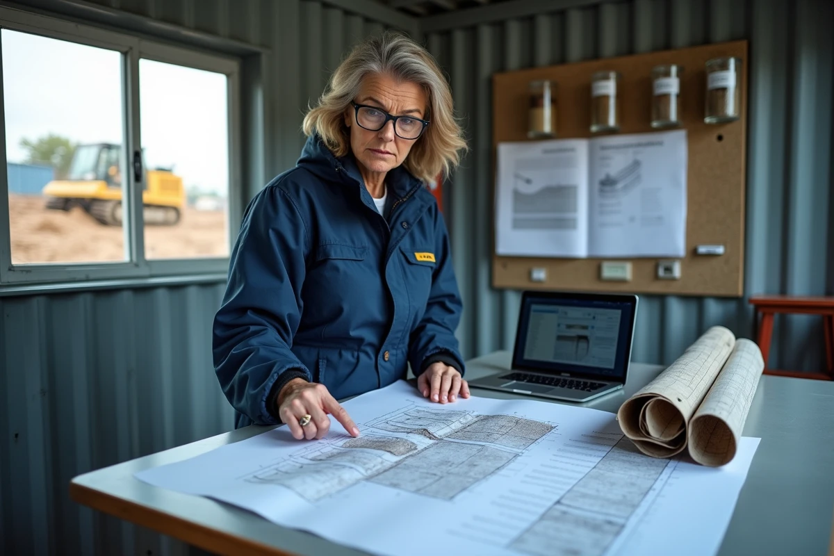 Consultante en géotechnique analysant des rapports de sondage et des plans de renforcement de sol dans un bureau de chantier temporaire