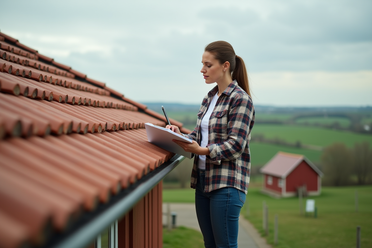 Femme inspectrice vérifiant un toit en tuiles dans la campagne