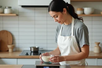 Femme pesant des ingrédients en grammes sur une balance de cuisine numérique pour convertir en kilogrammes