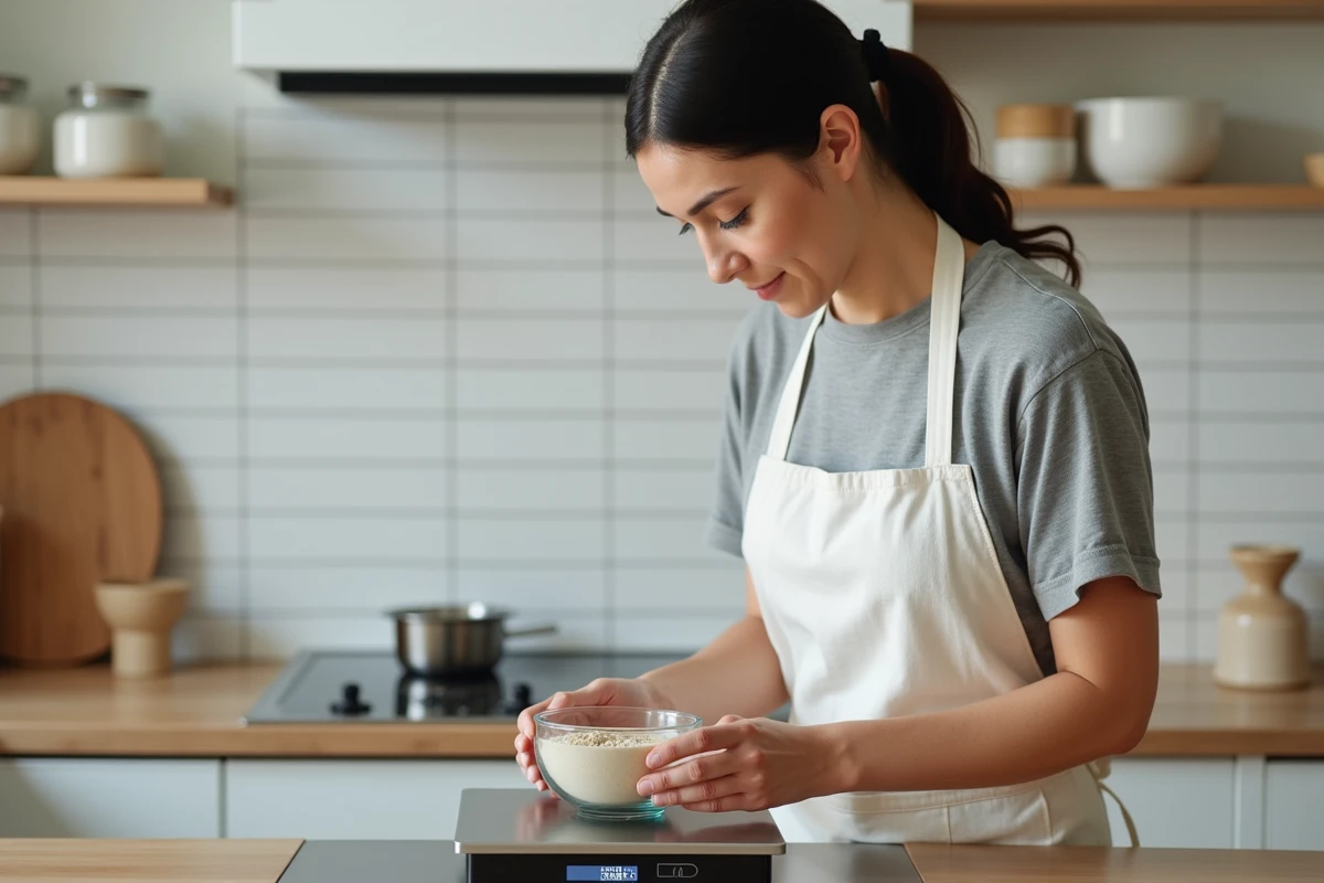 Femme pesant des ingrédients en grammes sur une balance de cuisine numérique pour convertir en kilogrammes