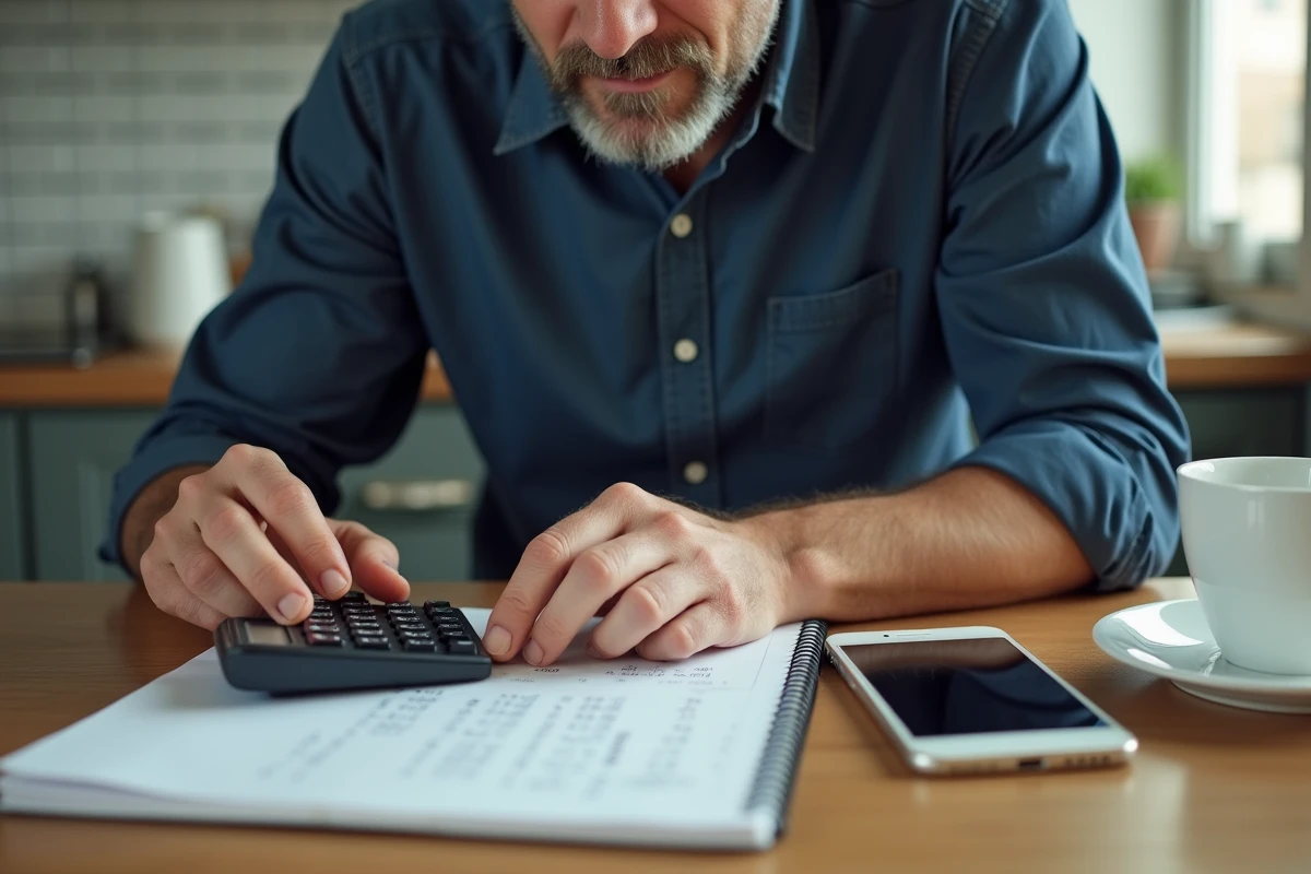 Homme en chemise bleue calculant des minutes en centièmes sur une calculatrice avec un carnet de notes à la maison
