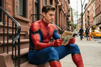 Jeune homme en costume Spider-Man assis sur les marches d'un immeuble new-yorkais tenant une bande dessinée, ambiance urbaine réaliste