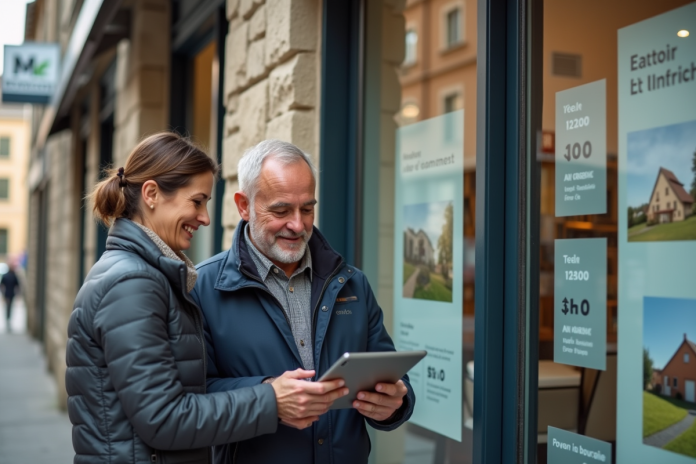 Couple français devant agence immobiliere en ville