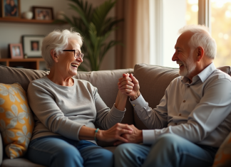 L’amour après 34 ans de mariage : des témoignages inspirants Couple âgé riant sur un sofa dans un salon chaleureux