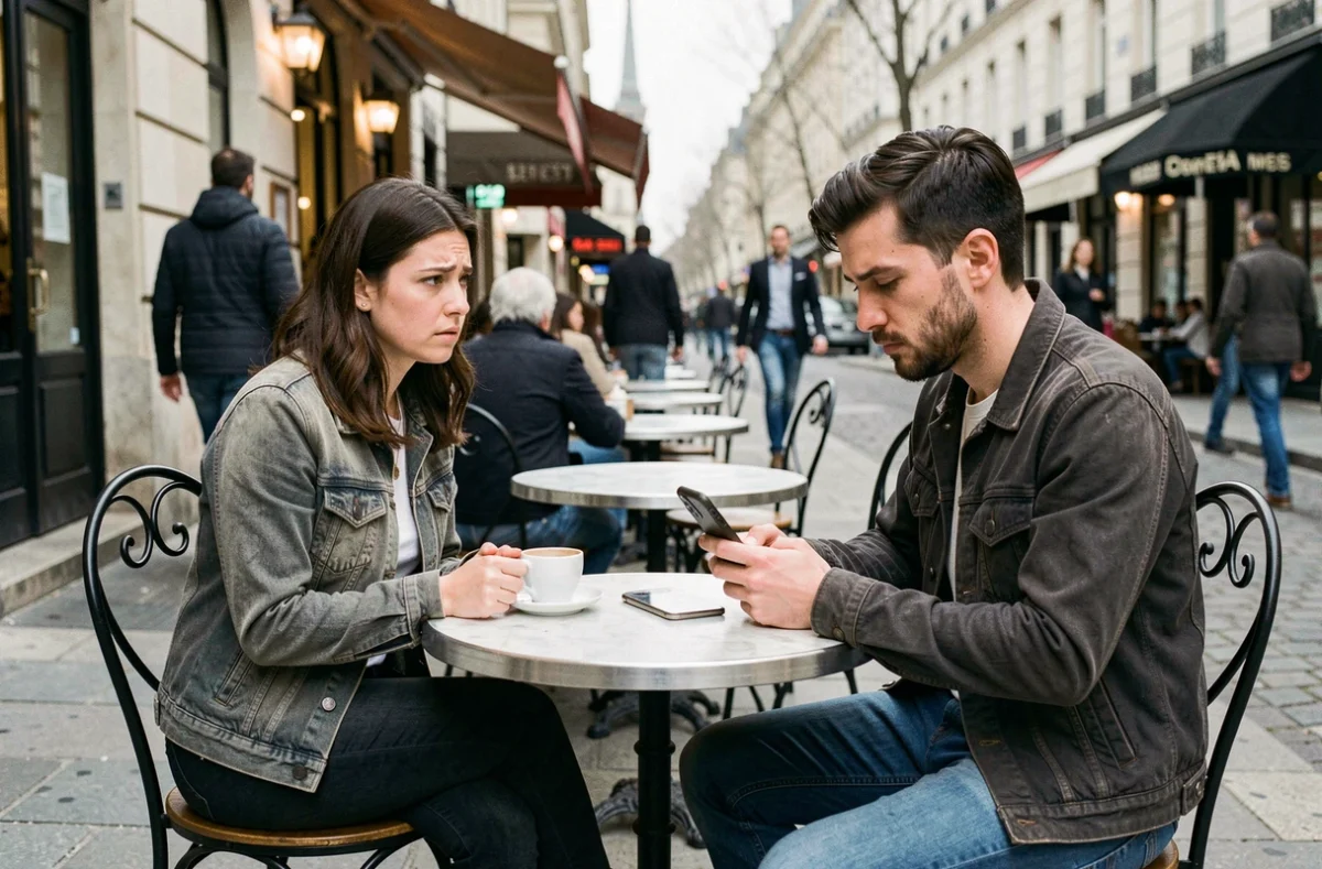 Couple en tension dans un café, femme inquiète observant son partenaire distrait, thème relation amoureuse et doute