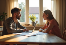 Couple inquiet assis à la cuisine avec documents et ordinateur