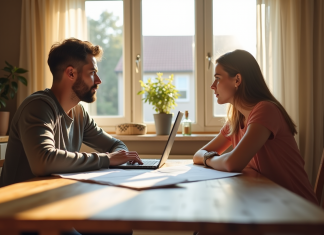 Prêteur hypothécaire : retrait offre prêt après échange, que faire ? Couple inquiet assis à la cuisine avec documents et ordinateur