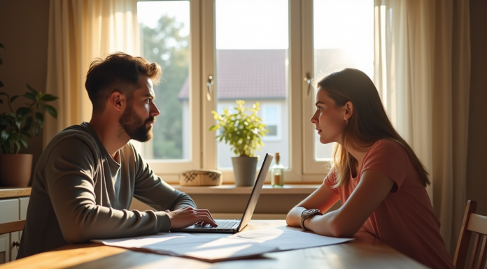 Couple inquiet assis à la cuisine avec documents et ordinateur