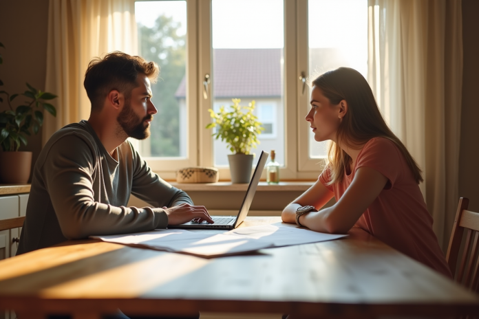 couple-inquiet-pret-immobilier Couple inquiet assis à la cuisine avec documents et ordinateur