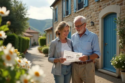 Couple âgé devant une maison en pierre à Monlezun