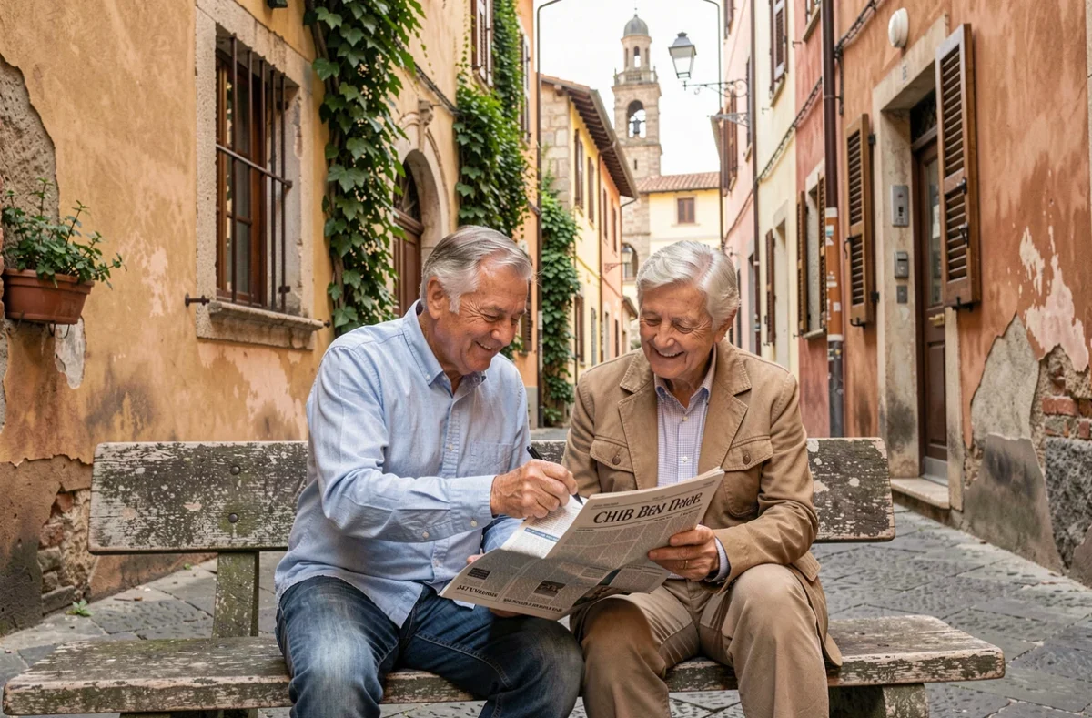 Couple de seniors résolvant ensemble des mots croisés sur un banc dans une ruelle pittoresque d'une ville italienne