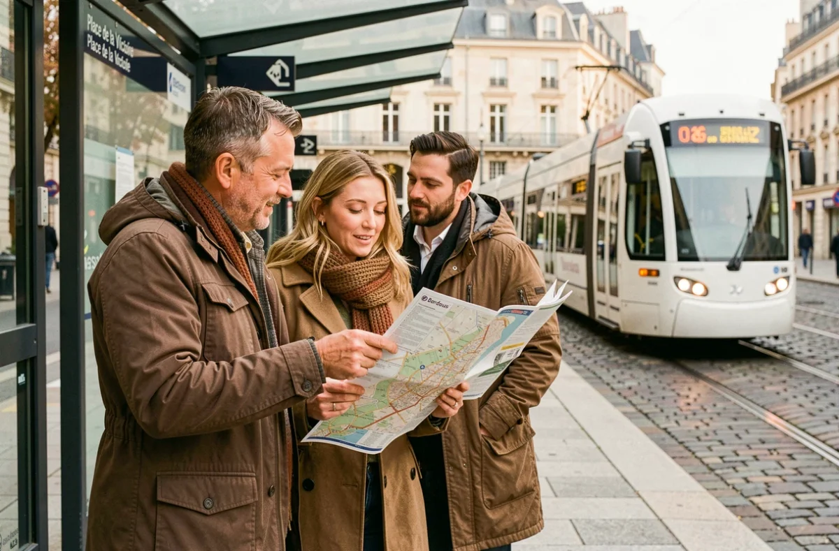 Couple consultant un plan du tramway à un arrêt de tram à Bordeaux près de la Place de la Victoire pendant un week-end touristique
