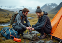 Camping en Islande : équipement indispensable pour une expérience parfaite Jeune couple en randonnée en Islande avec tente et paysage