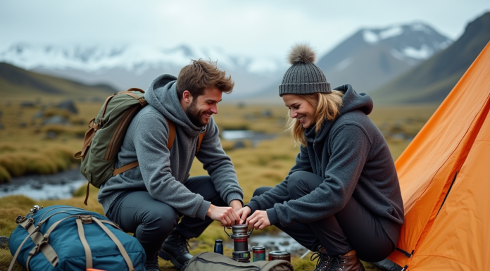 Jeune couple en randonnée en Islande avec tente et paysage