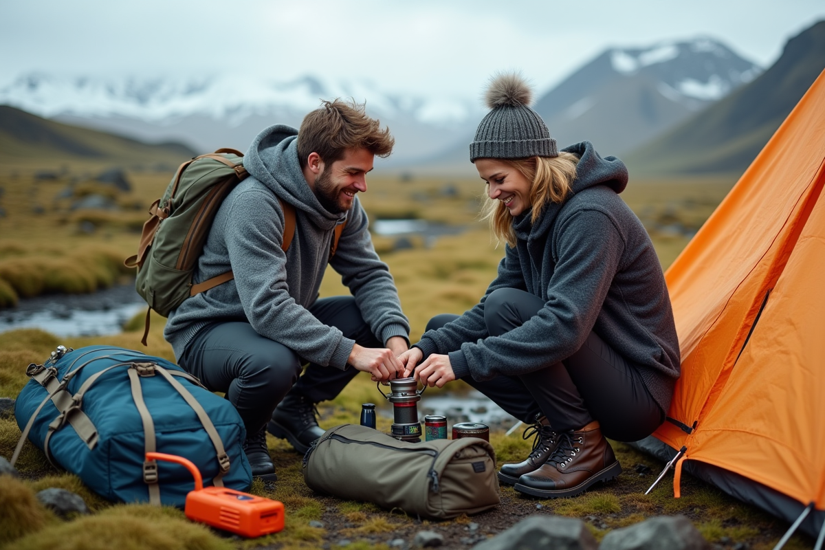 Jeune couple en randonnée en Islande avec tente et paysage