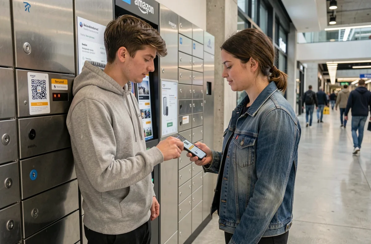 Couple récupérant une commande reconditionnée Amazon dans un casier de consigne automatique dans un centre commercial urbain moderne