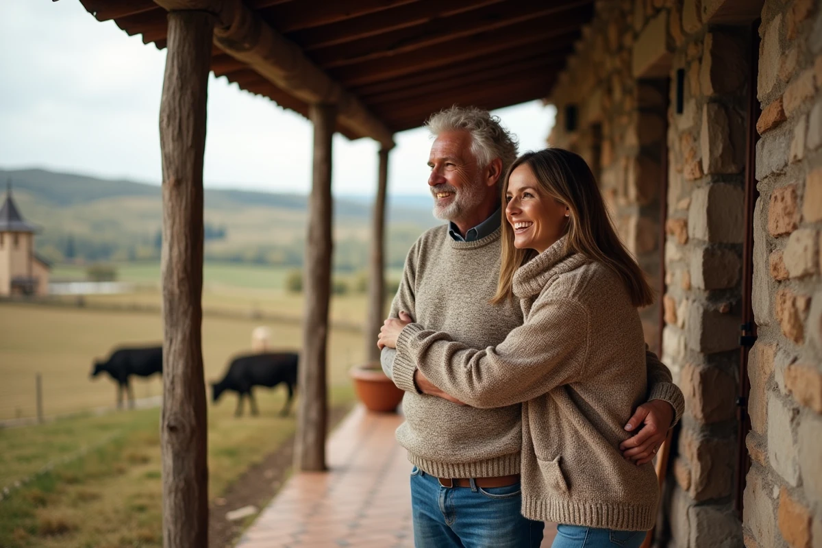 Couple en campagne sur le porche d'une maison en pierre