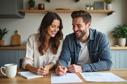 Jeune couple souriant signant un prêt immobilier dans une cuisine moderne