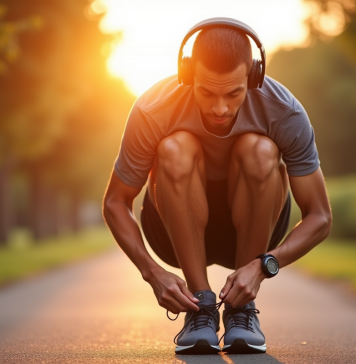 Courseur attachant ses chaussures au lever du soleil dans un parc