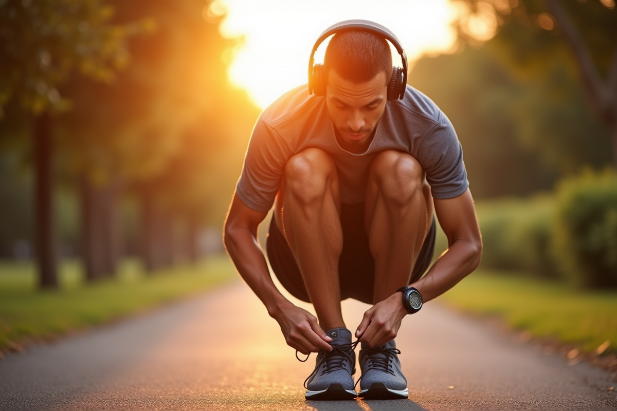 Courseur attachant ses chaussures au lever du soleil dans un parc