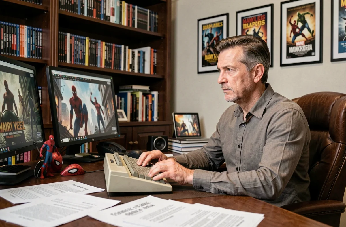 Critique de cinéma quadragénaire analysant les films Spider-Man à son bureau avec affiches et mémorabilias Marvel en arrière-plan