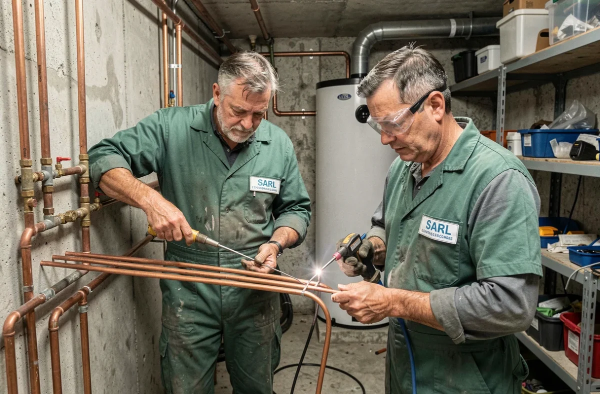 Deux plombiers de Daussy et Martin SARL travaillant ensemble sur une installation de tuyauterie en cuivre dans un sous-sol