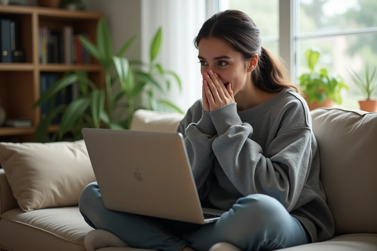 Femme surprise de découvrir le temps total accumulé sur League of Legends sur son ordinateur portable