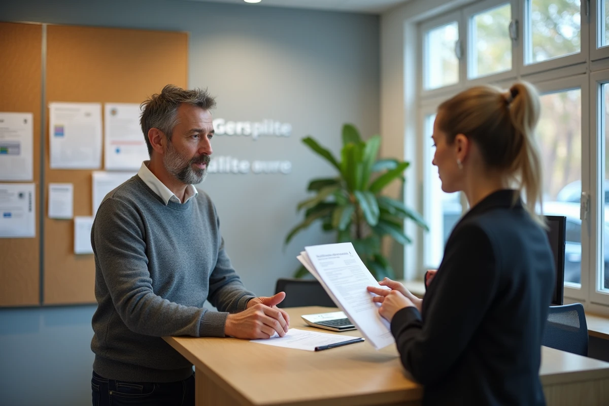 Homme échangeant avec un conseiller administratif dans un centre de formation professionnelle à Nice