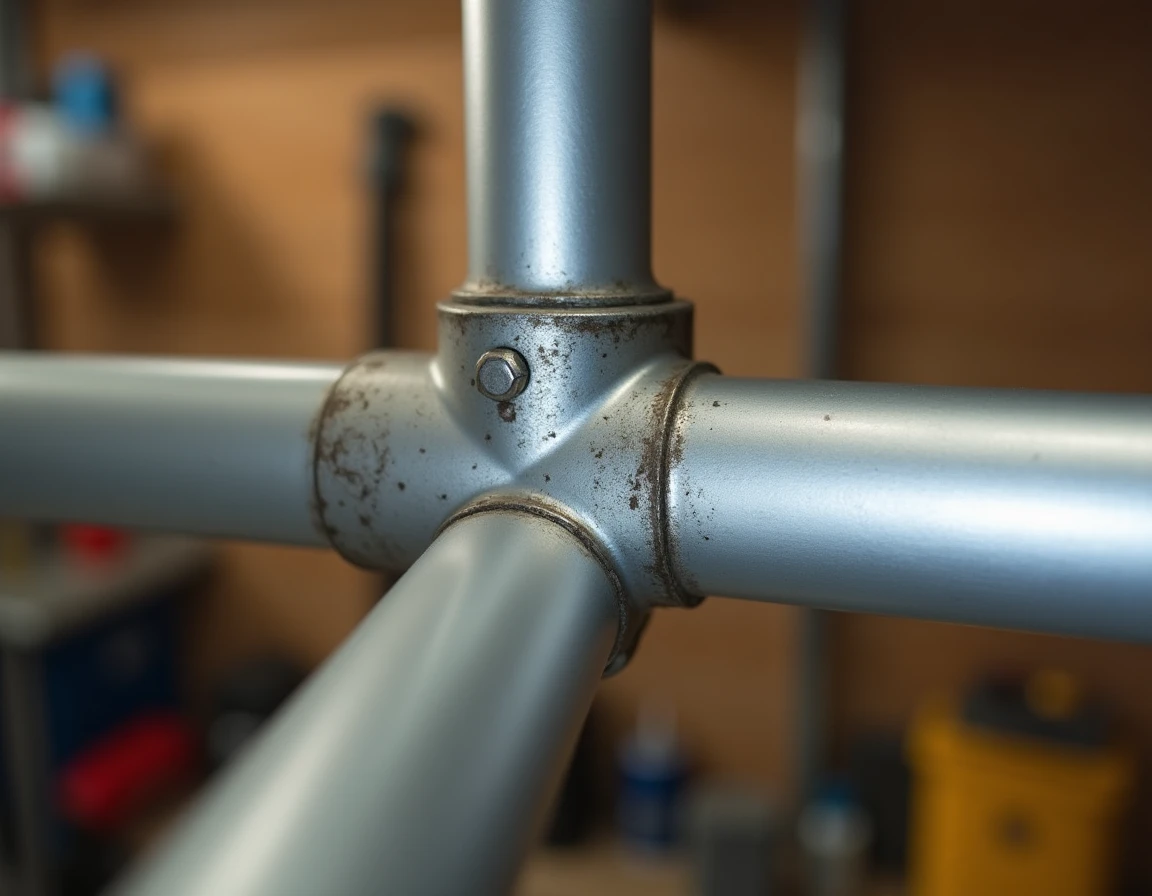 Gros plan sur un assemblage d'angle de tube carré aluminium vissé pour structure d'aménagement de fourgon