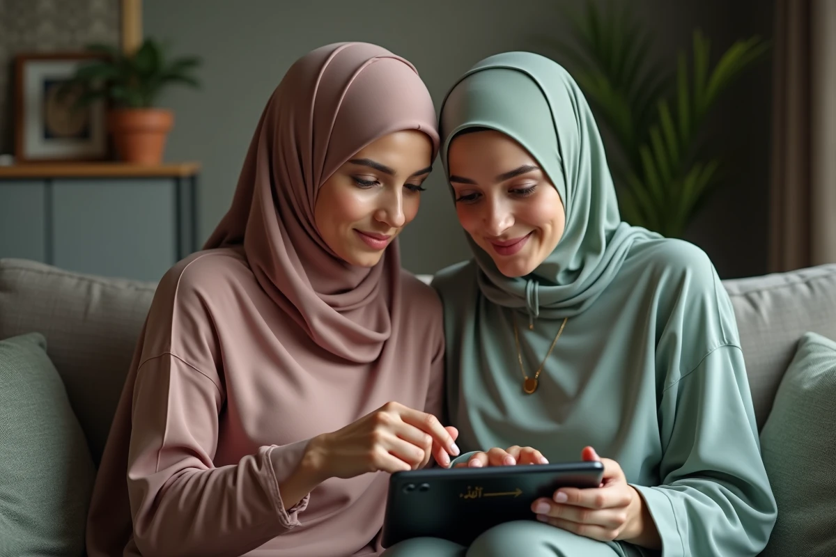 Deux femmes musulmanes écoutant ensemble un audio de la dou'a istikhara sur une tablette dans un salon