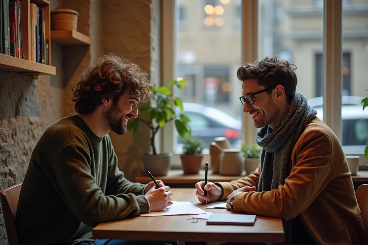 Deux jeunes hommes échangeant des notes dans un café