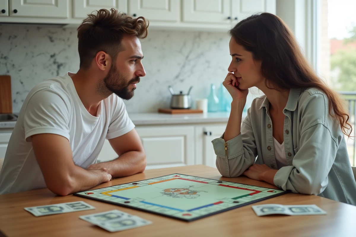 Deux joueurs adultes analysant un plateau de Monopoly ensemble dans une cuisine moderne, optimisation des dés gratuits Monopoly Go