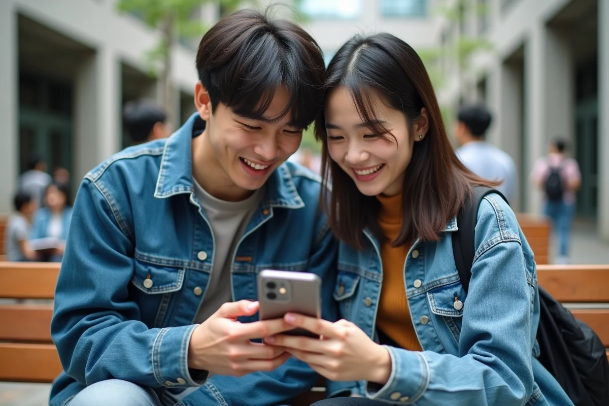 Deux jeunes adultes comparant des sites de lecture de mangas sur smartphone dans un espace commun de campus universitaire