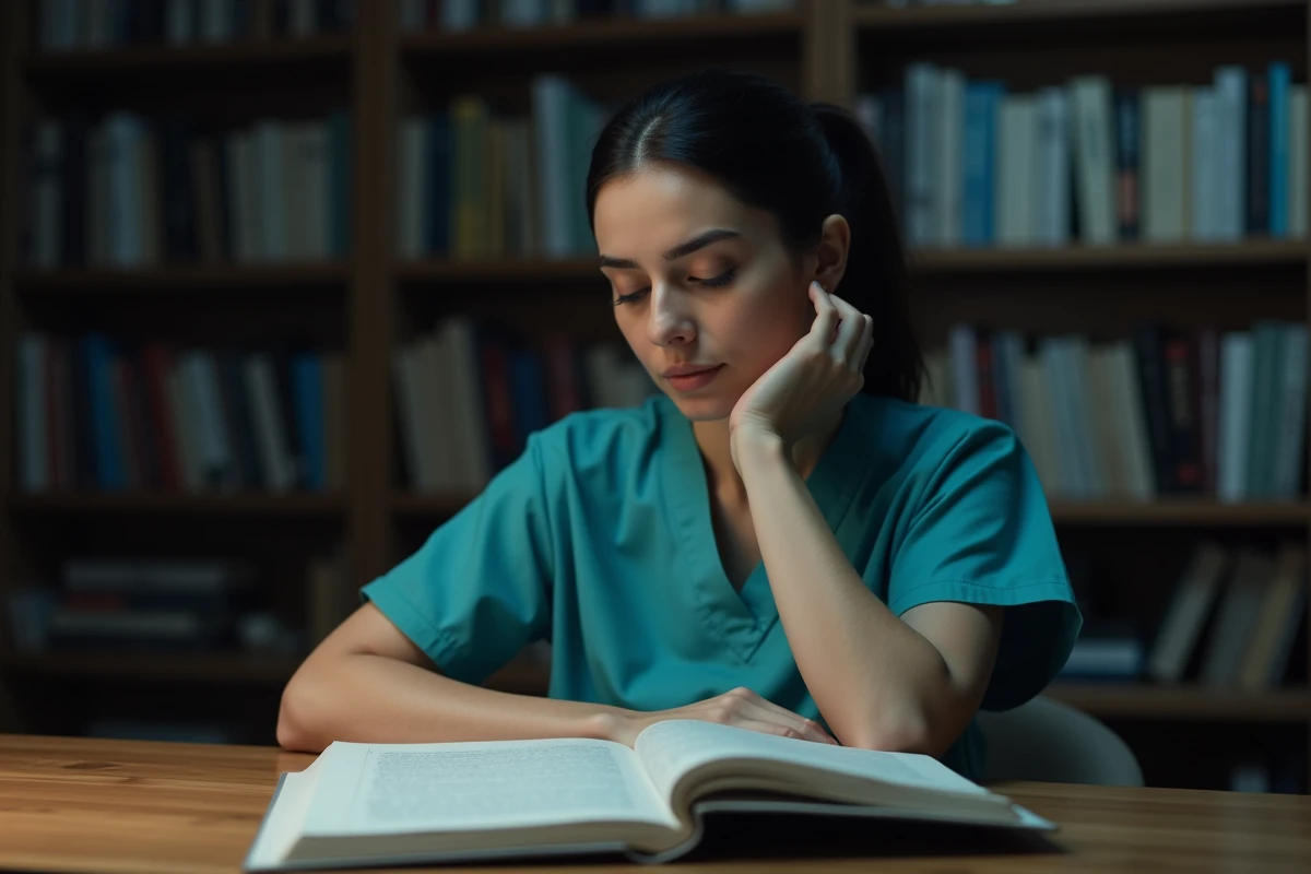 Femme médecin lisant un livre médical annoté dans une salle de consultation feutrée