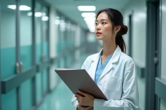 Médecin femme en blouse blanche tenant un dossier médical dans un couloir d'hôpital moderne