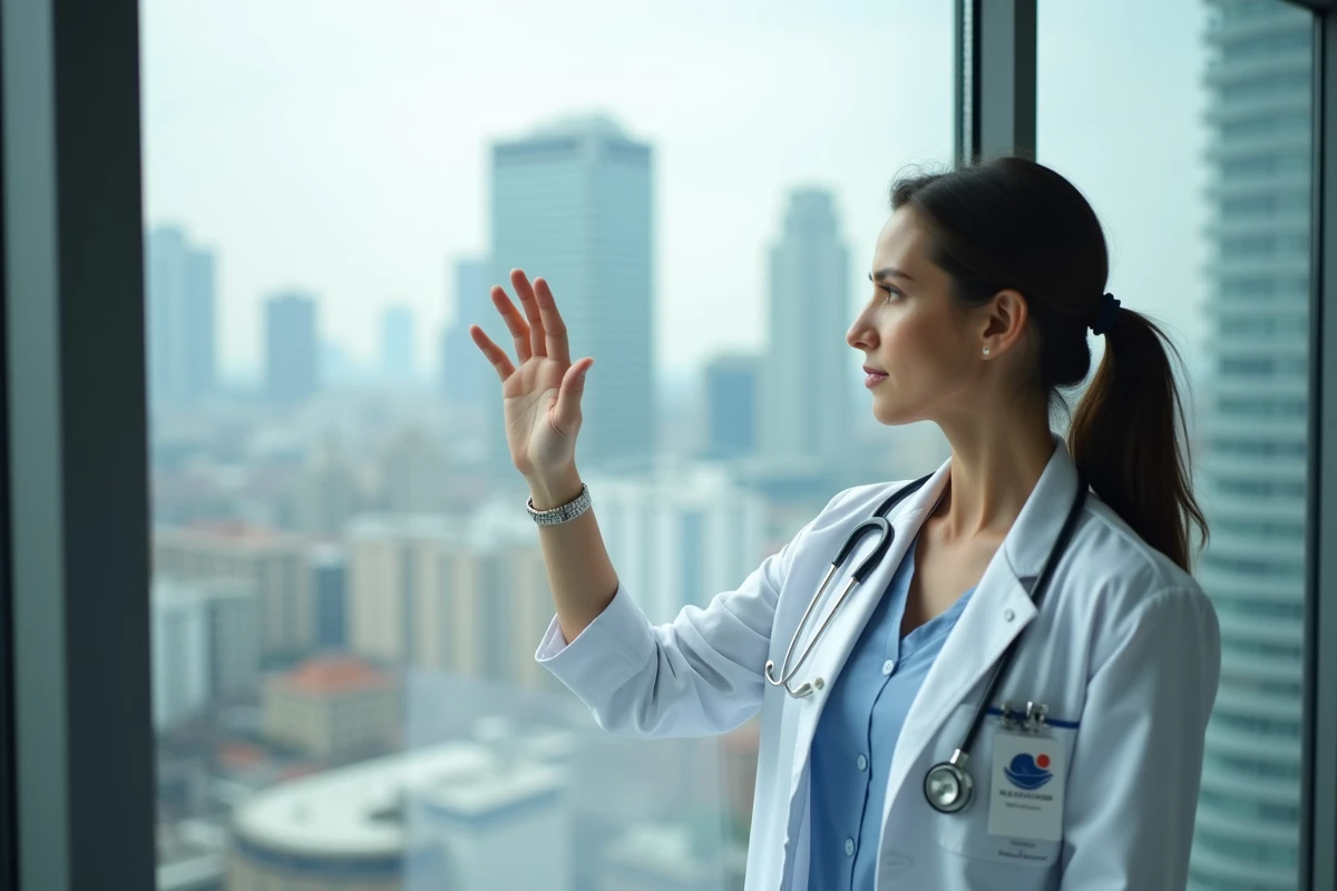 Médecin contemplative devant une fenêtre avec vue sur la ville, stéthoscope autour du cou