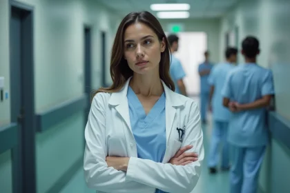 Médecin femme en blouse blanche dans un couloir d'hôpital, air pensif évoquant le départ du Dr Cameron dans Dr House