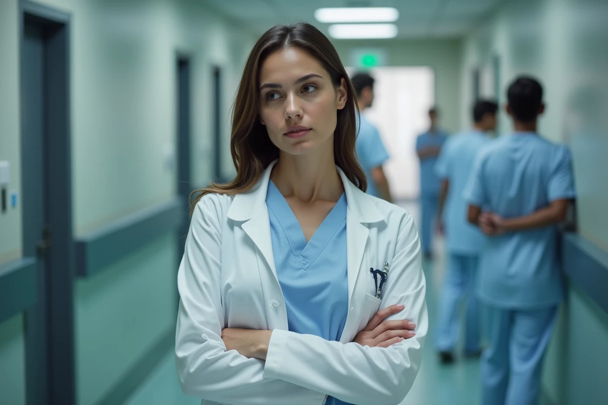 Médecin femme en blouse blanche dans un couloir d'hôpital, air pensif évoquant le départ du Dr Cameron dans Dr House