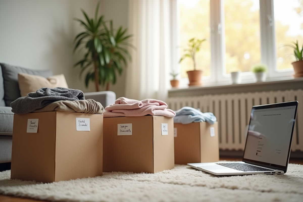 Salon avec cartons de vêtements prêts à vendre et ordinateur
