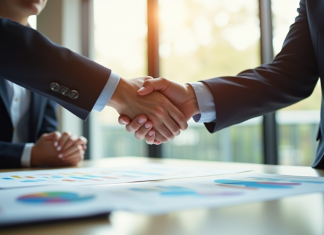 Partage des risques : exemples et stratégies efficaces à connaître Deux professionnels serrant la main dans un bureau lumineux